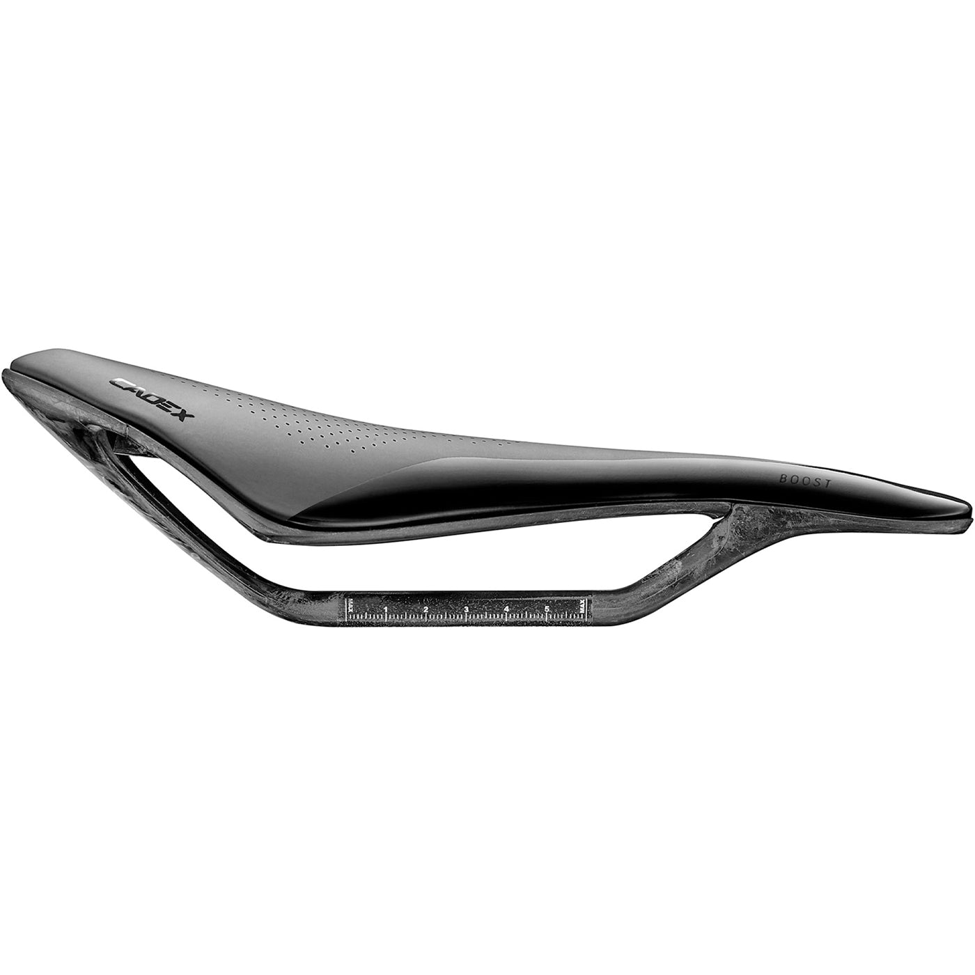 The side of a Cadex Boost carbon road bike saddle in black
