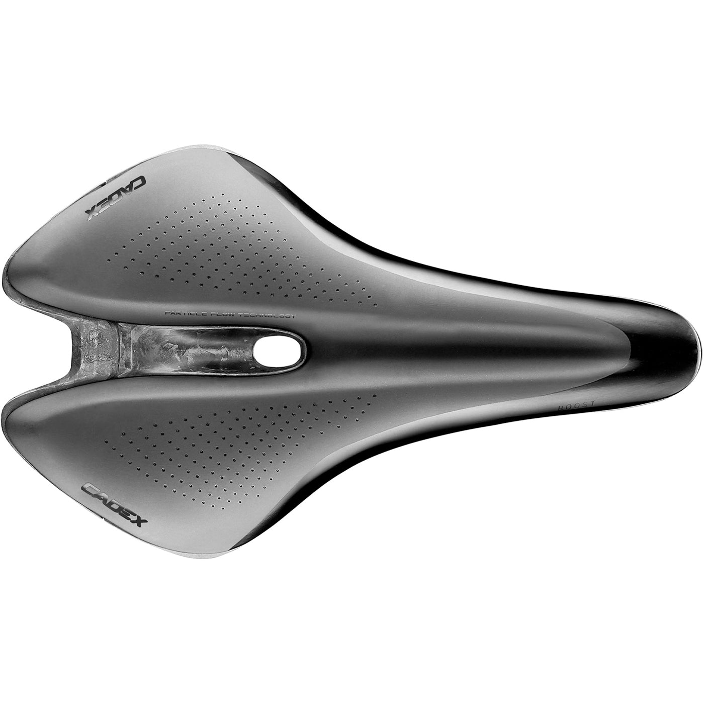 The top of a Cadex Boost carbon road bike saddle in black