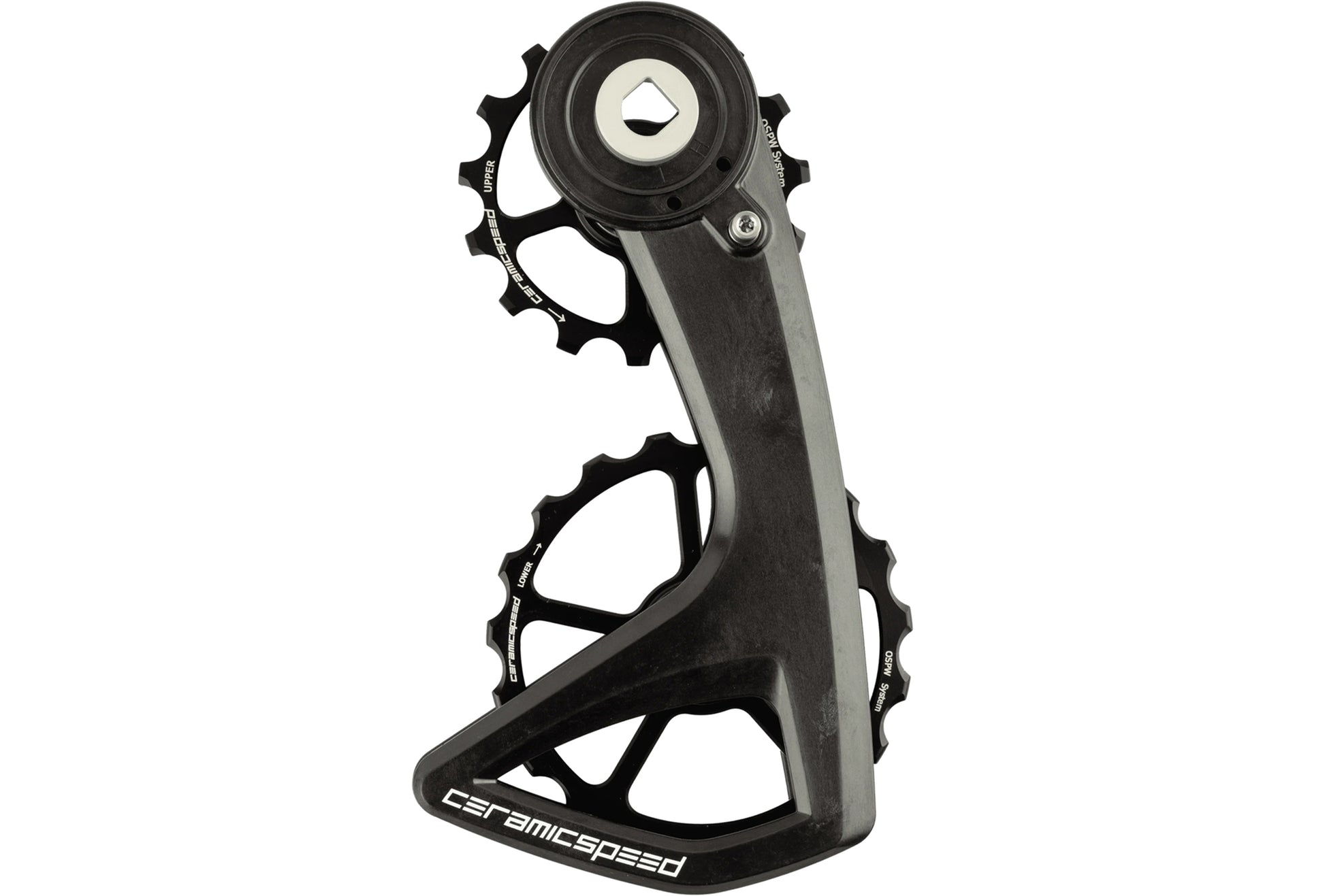 A CeramicSpeed Oversized Pulley Wheel System RS 5-Spoke with a Carbon Cage and Aluminum pulley wheels for road racing and tt bikes with SRAM groupsets