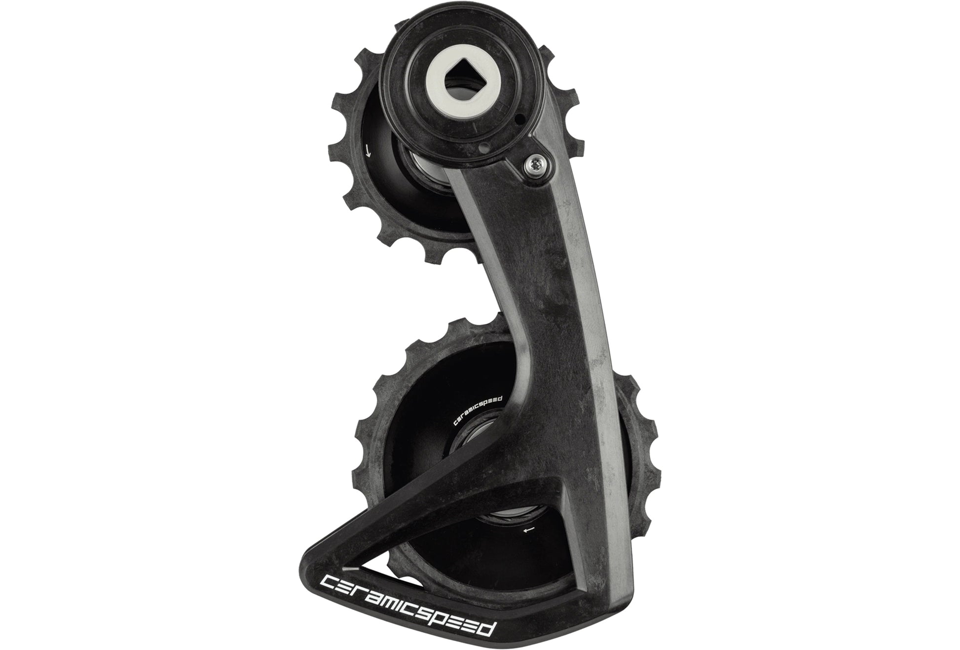 A CeramicSpeed OSPW RS-Alpha with aero pulley wheels and carbon cage for road racing and tt bikes with SRAM groupsets