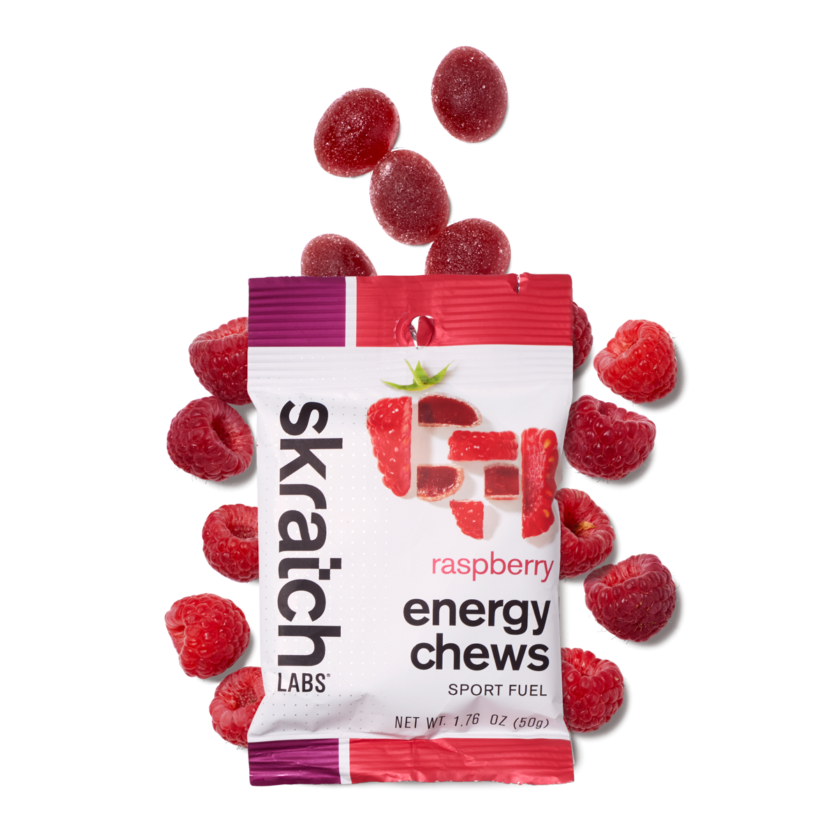The front of a pack of Skratch Labs raspberry energy chews sport fuel