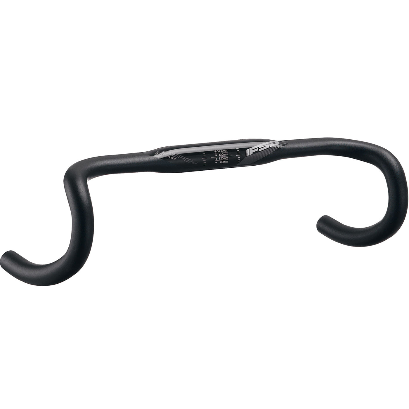 A detail shot of a black aluminum FSA Energy Compact SCR drop handlebar