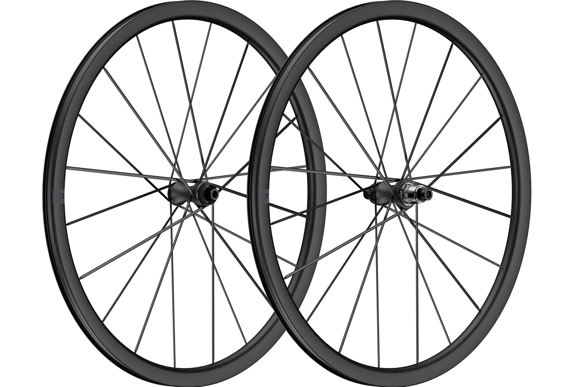 A pair of Australian-made, ultra light weight Partington MKII mixed depth carbon fiber disc brake wheels with carbon spokes and carbon hubs for road bikes