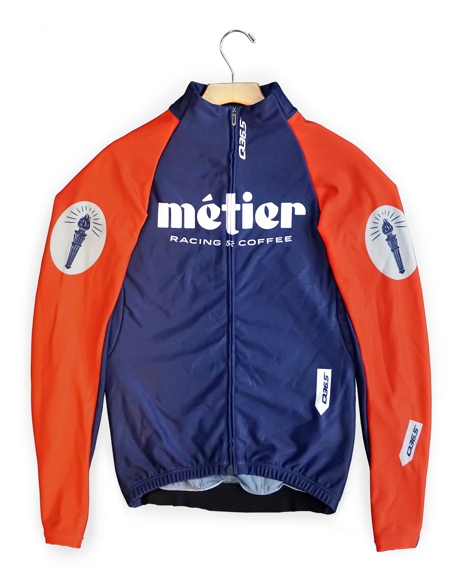A Metier Racing & Coffee custom Q36.5 Long Sleeve Jersey in Navy with Racing Red Sleeves