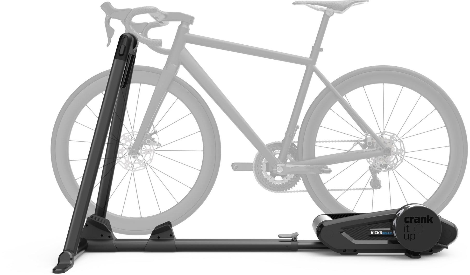 The side profile of a Wahoo Kickr Rollr indoor smart trainer with a road bike on it