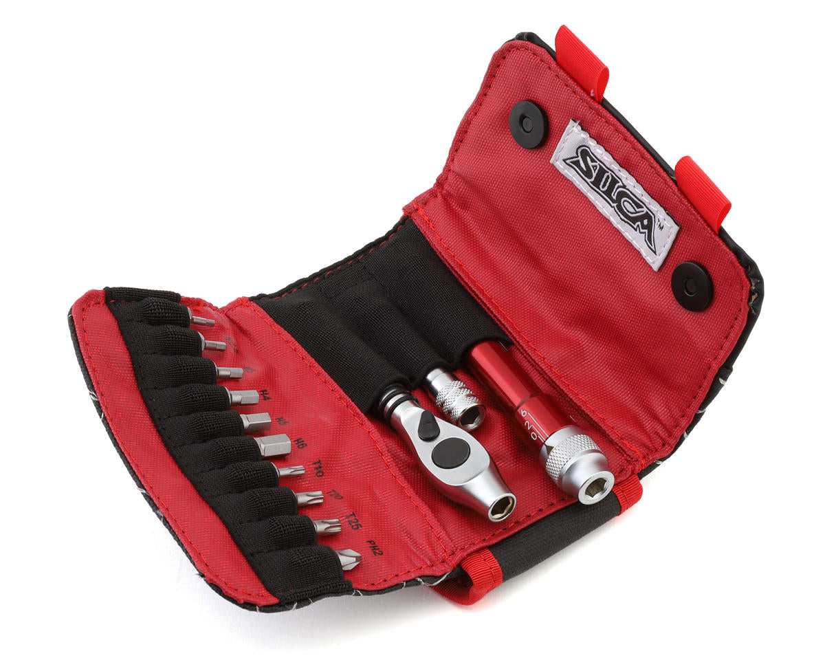 The Silca T-Ratchet set in it's red button canvas bag