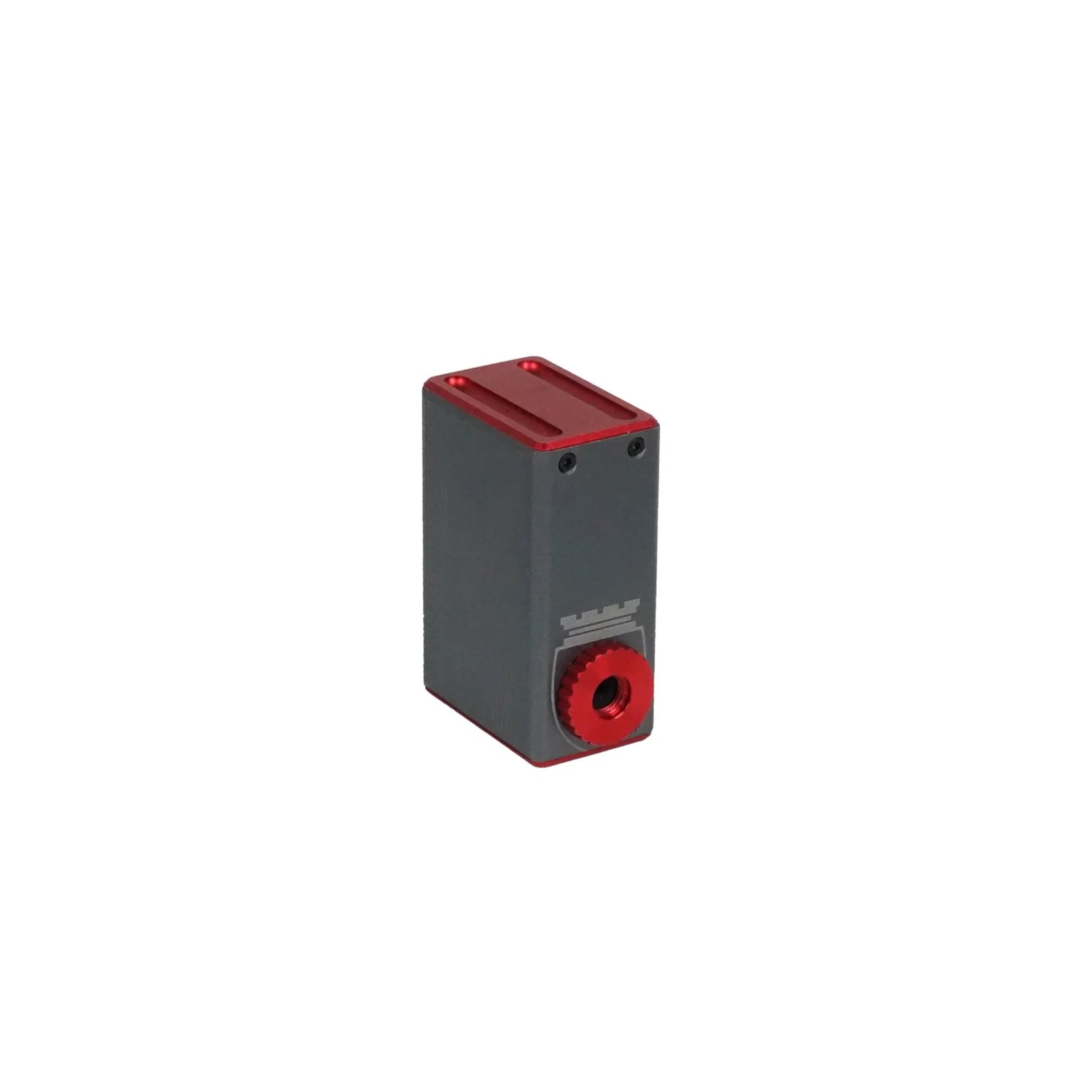 Black and red electronic device on a white background