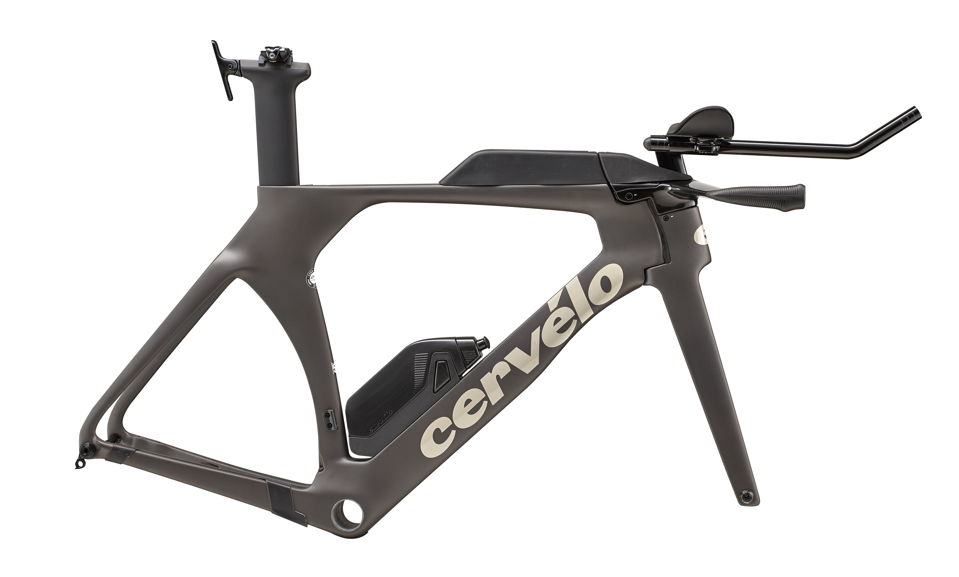 The side profile of a Cervelo P5 carbon disc TT/Triathlon frame module in Five Black 