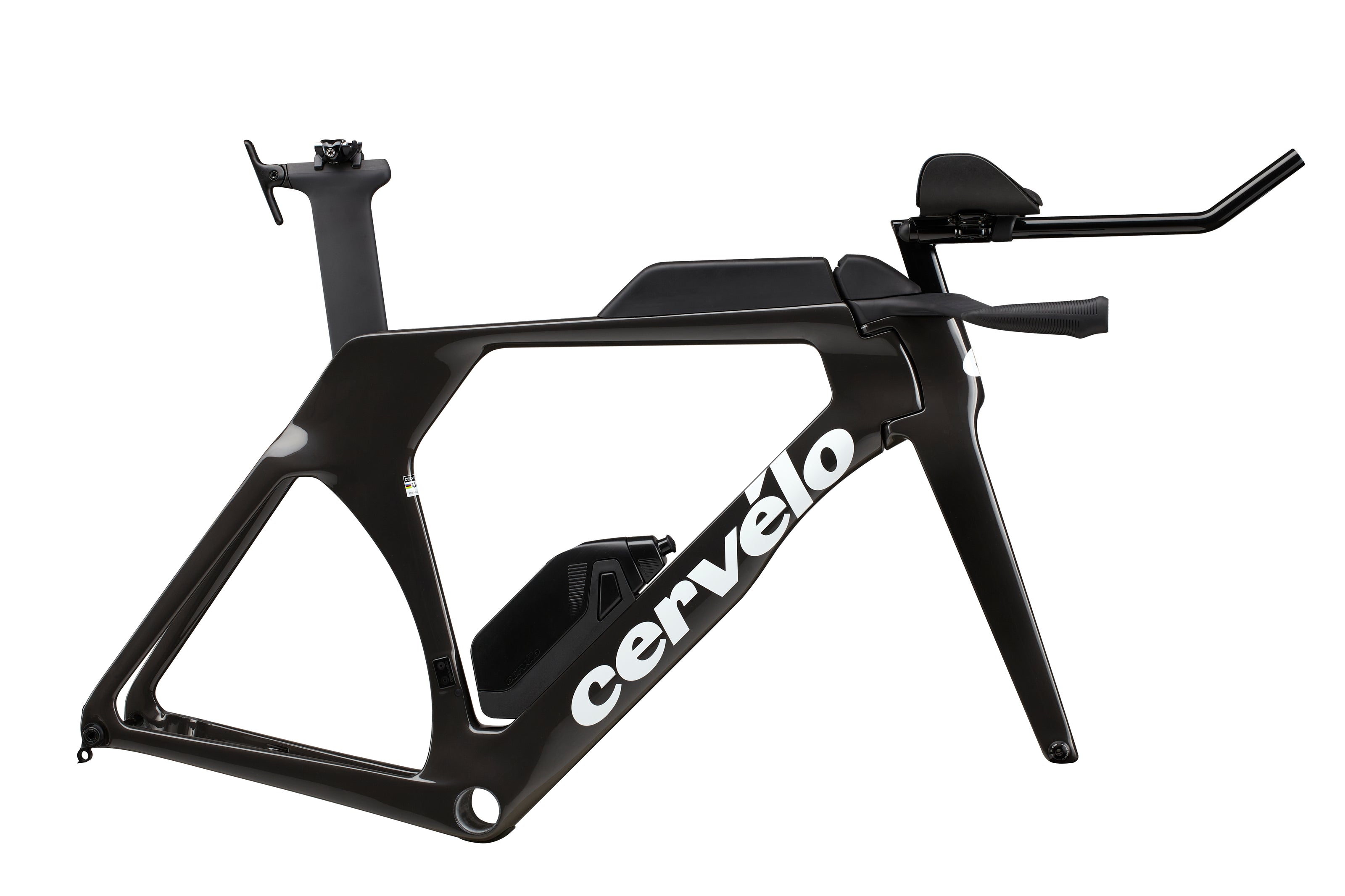 The side profile of a Cervelo P5 carbon disc TT/Triathlon frame module in Five Black 