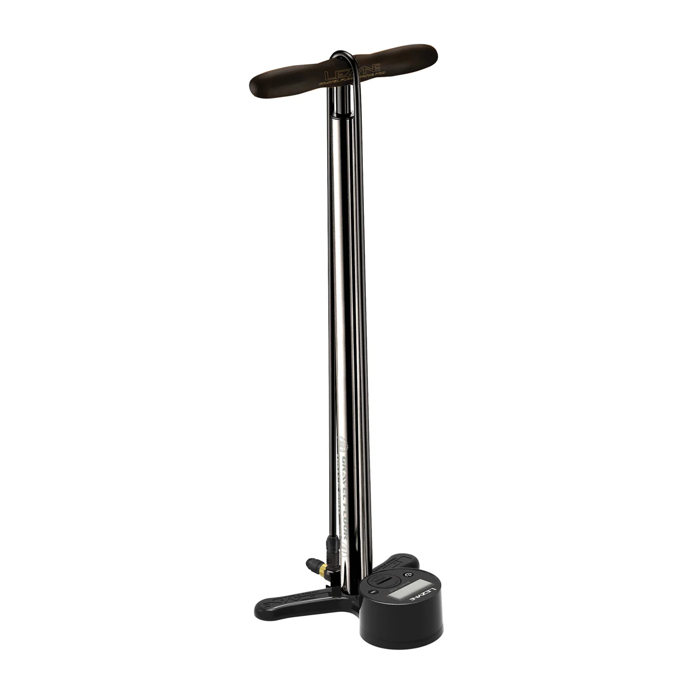 A Lezyne Gravel Digital Drive Pro Sliver floor pump for large volume bicycle tires