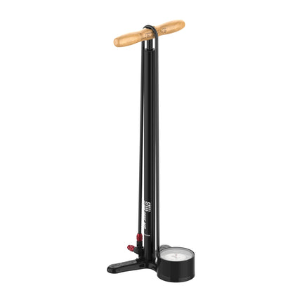 A Lezyne steel floor drive 3.5 bicycle pump with a wooden handle and analog gauge