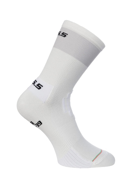 A pair of Q36.5 road cycling socks in white with grey logo