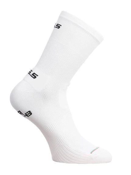 A Q36.5 road cycling sock with black logos in white