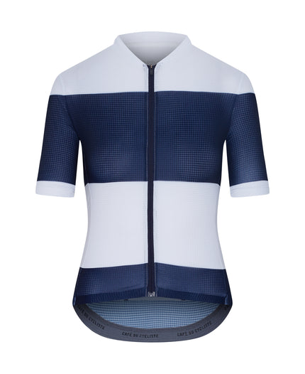 A Navy Blue and White Striped Cafe du Cycliste Angeline Short Sleeve Jersey