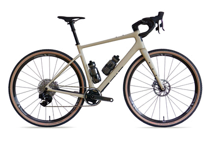 The Side of an Enve MOG Gravel Race Bike in the Sand Colorway with SRAM Red XPLR AXS groupset and Enve G23 Wheels