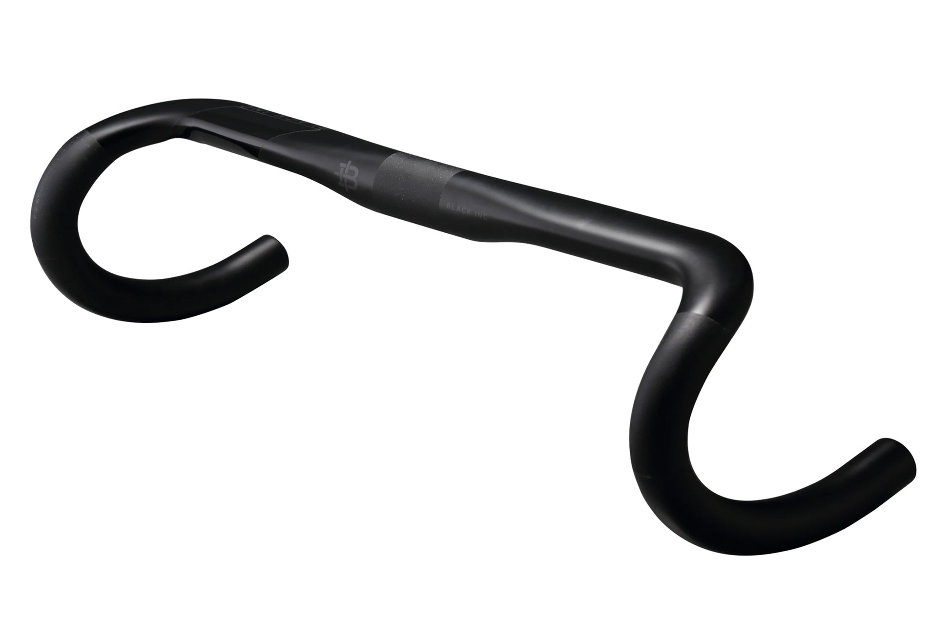 A perspective view of a Black Inc carbon fiber road cycling drop handlebar for road bikes