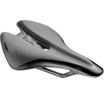 A detail shot of a Cadex Boost carbon road bike saddle in black