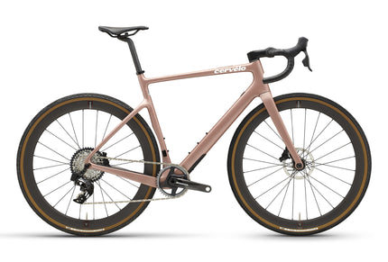 The side of a Champagne-Rose Cervelo Aspero-5 Gravel Race Bike with SRAM Force AXS groupset and Reserve Carbon Wheels