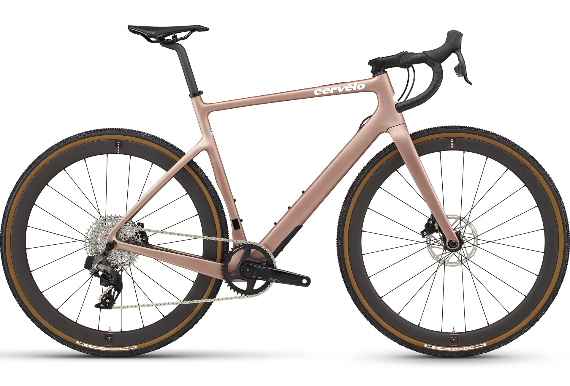 The side of a Cervelo Aspero gravel racing bicycle in Champagne Rose with SRAM RIval AXS Electronic groupset and carbon gravel wheels