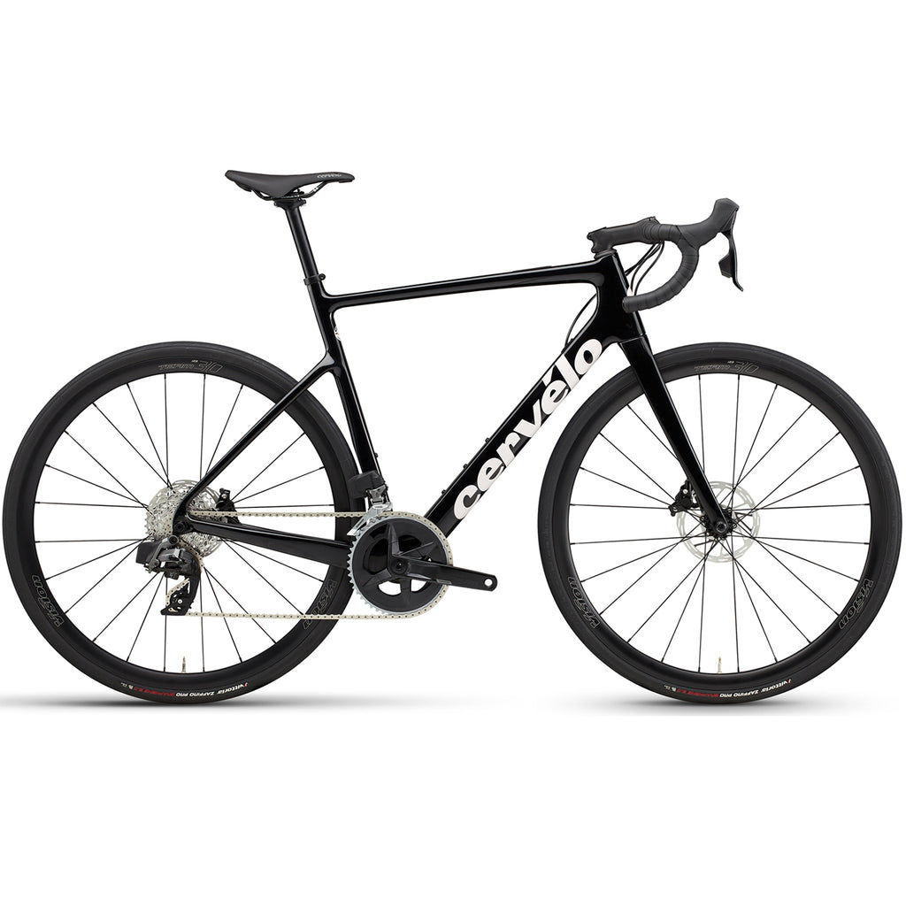 The side of a Cervelo Caledonia carbon all road bike in Black with SRAM Rival AXS groupset