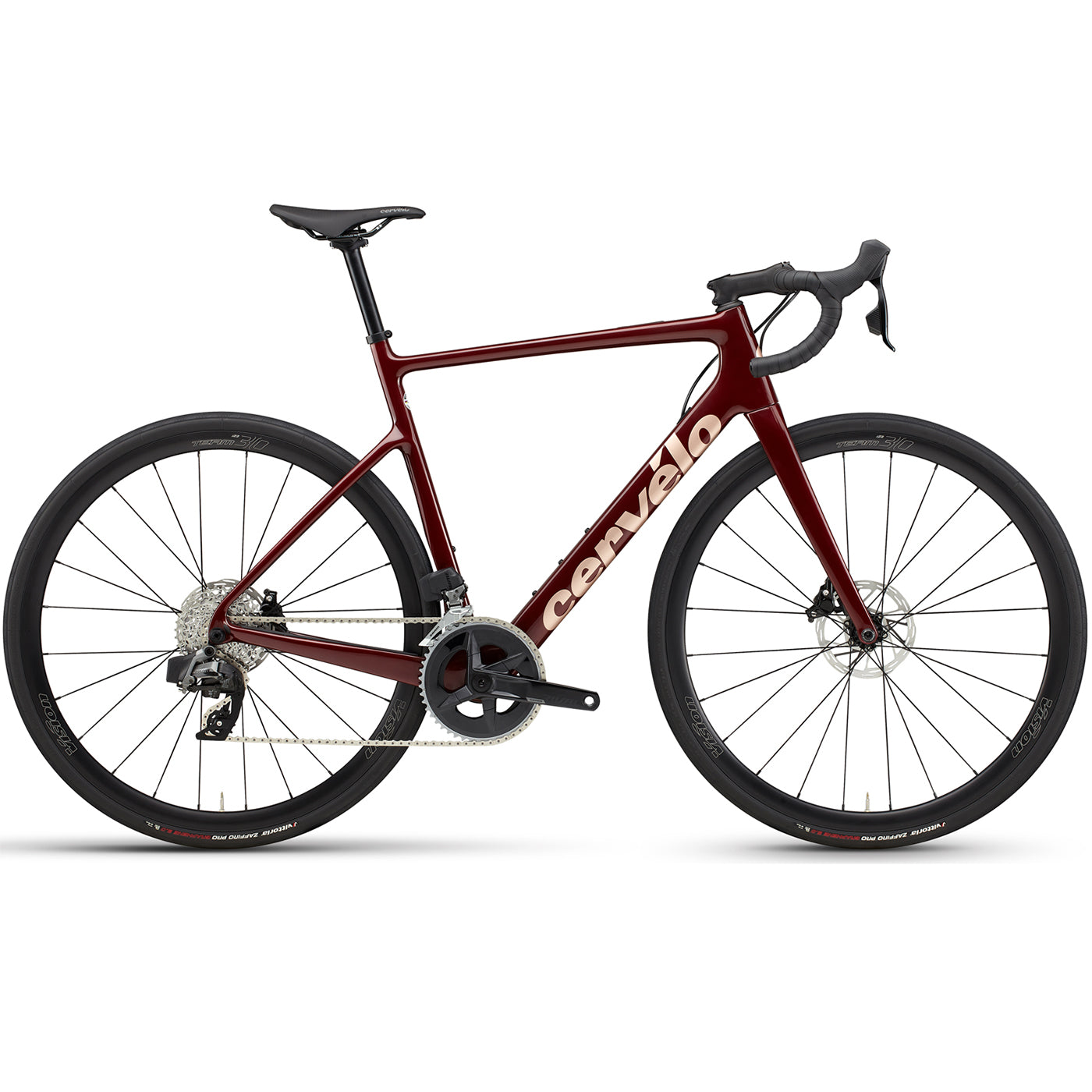 A side profile of a Cervelo Caledonia carbon road bike with SRAM Rival AXS group set in Carmine