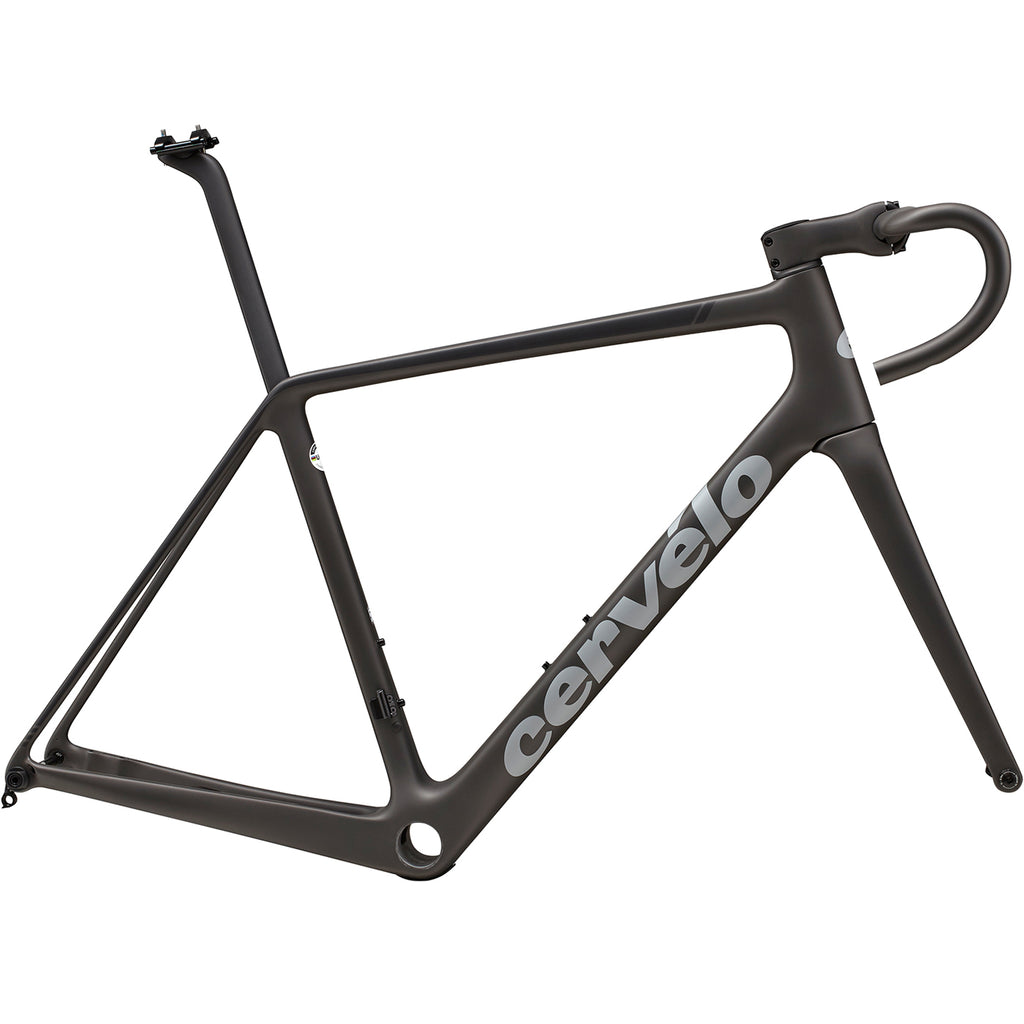 A side profile of a Cervelo R5 carbon climbing bike frame in Five Black