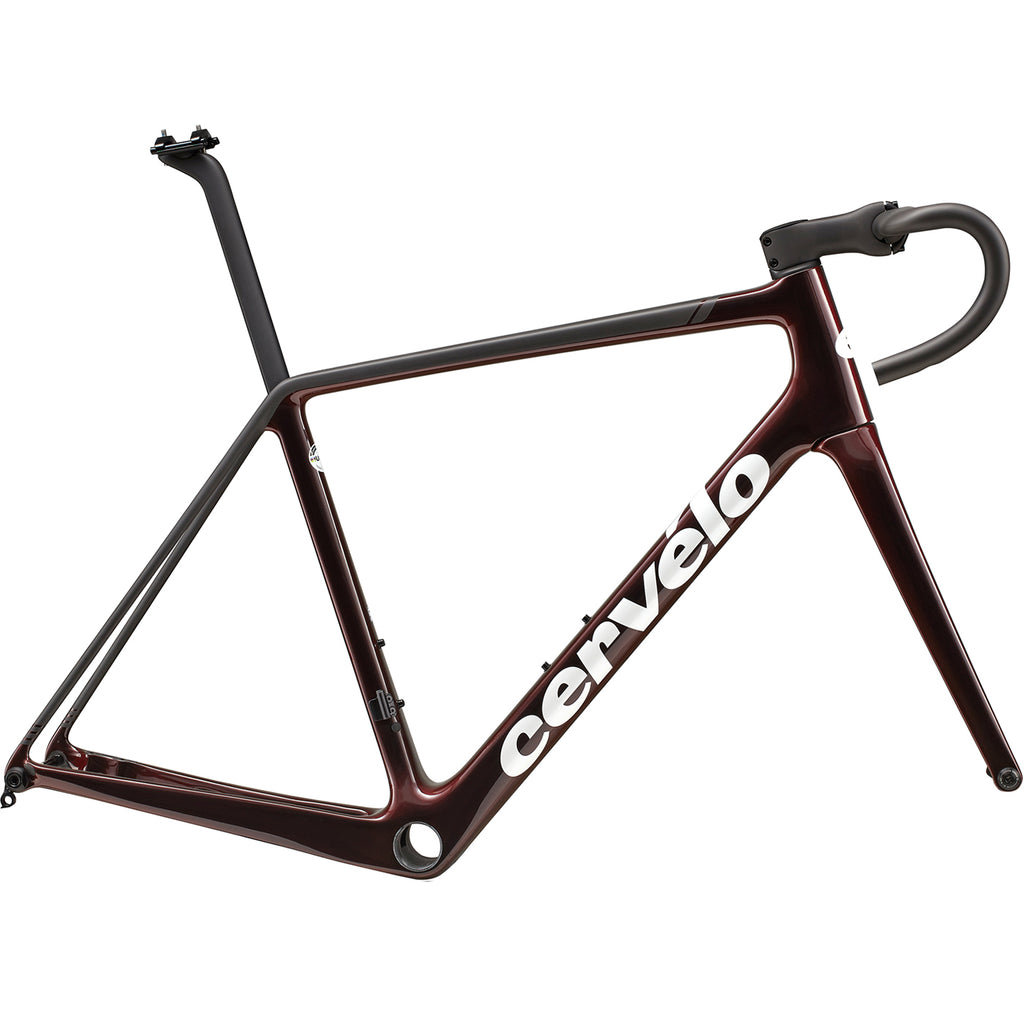 A side profile of a Cervelo R5 carbon climbing bike frame in Oxblood