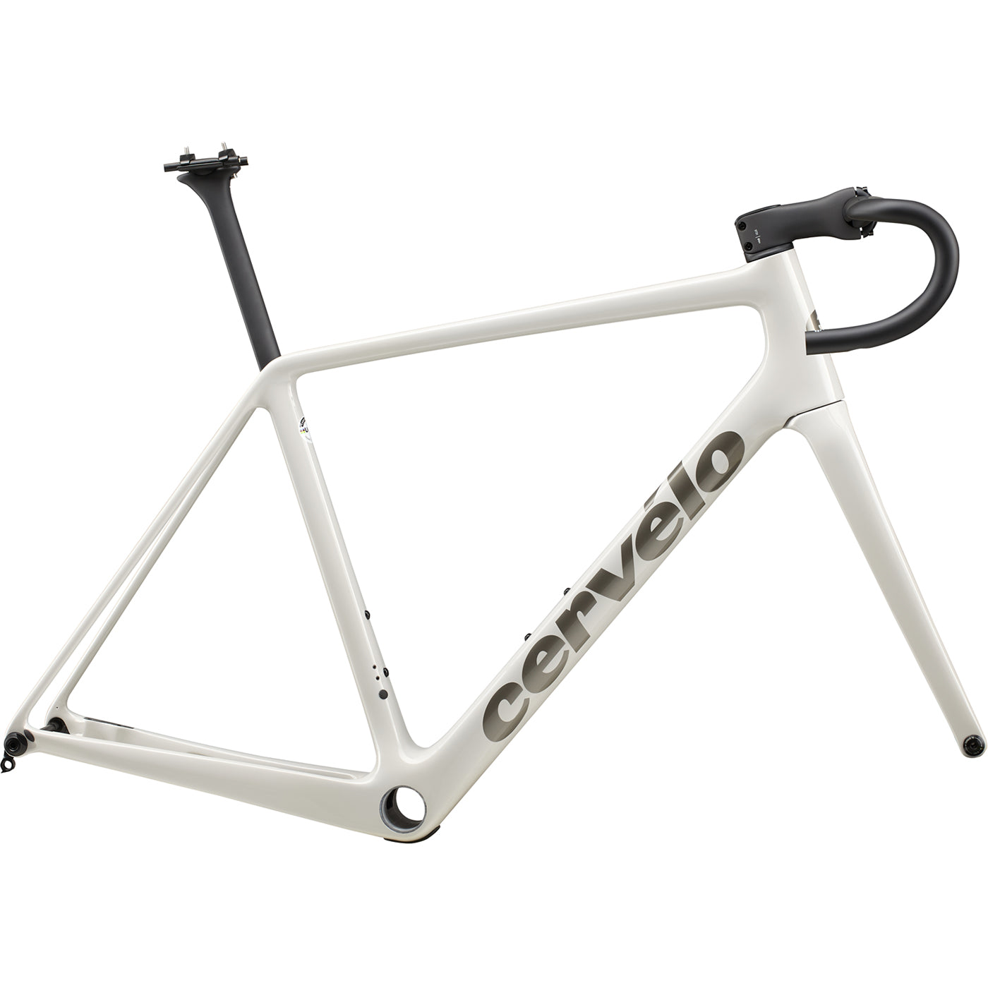 A side profile of a Cervelo R5 carbon climbing bike frame in white