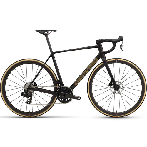 The side of a Cervelo R5 ultralight carbon climbing bike with a white background