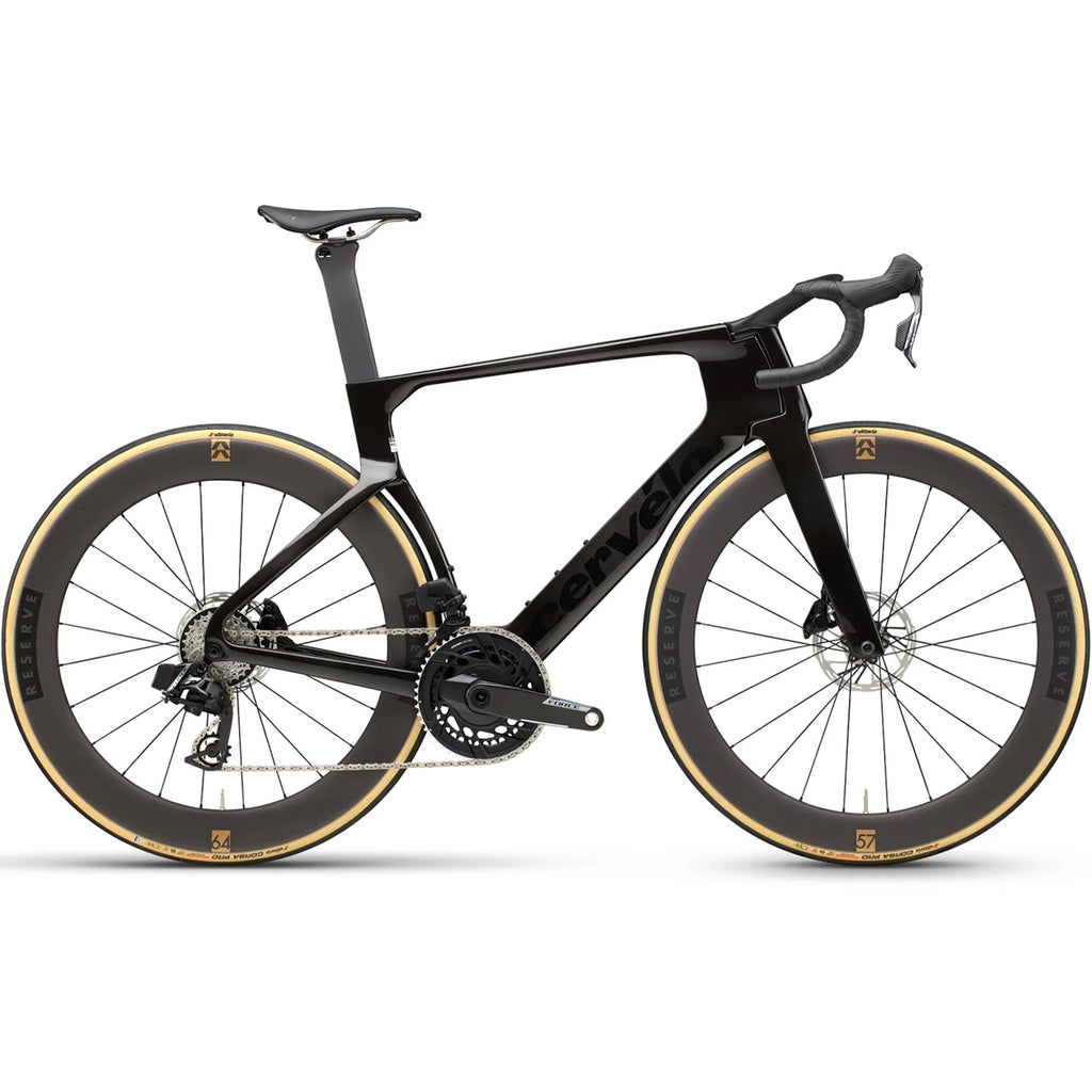 The side of a new Cervelo S5 in Five Black with SRAM force AXS drivetrain