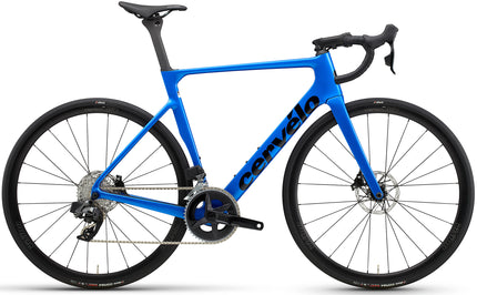 A Cervelo Soloist Carbon Fiber Racing bike in Azure blue with SRAM Rival AXS electronic road groupset and Fulcrum aluminum road disc wheels