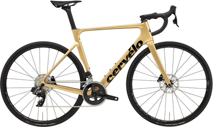 A Cervelo Soloist aero road racing bicycle in Gold Dust with SRAM Rival AXS groupset and aluminum fulcrum wheels