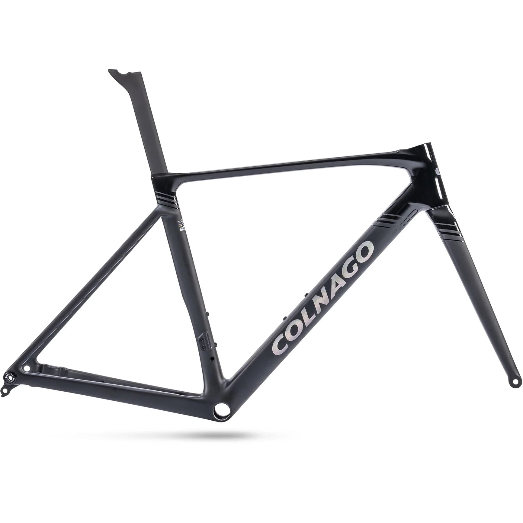 The side of a Colnago V5RS carbon road bicycle frame set in Black