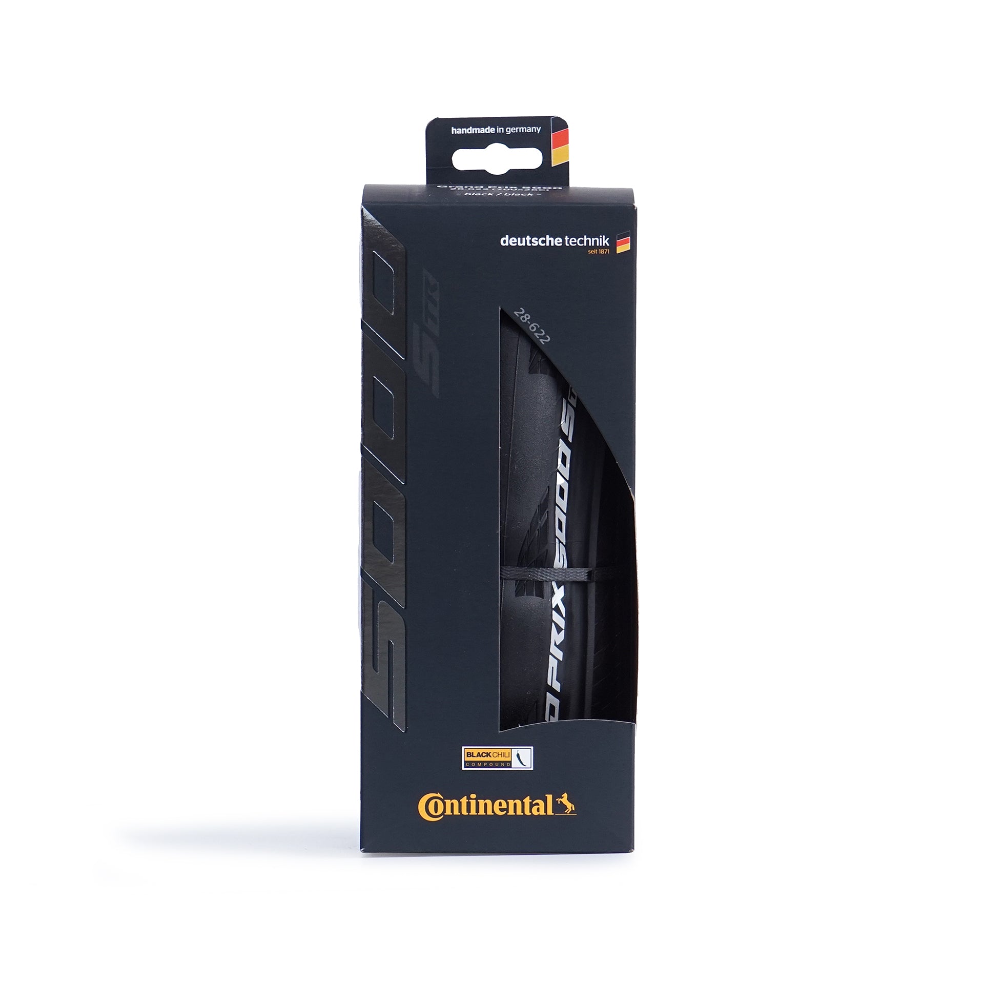 The front of a Continental GP5000 S TR road bicycle racing tire in a black box