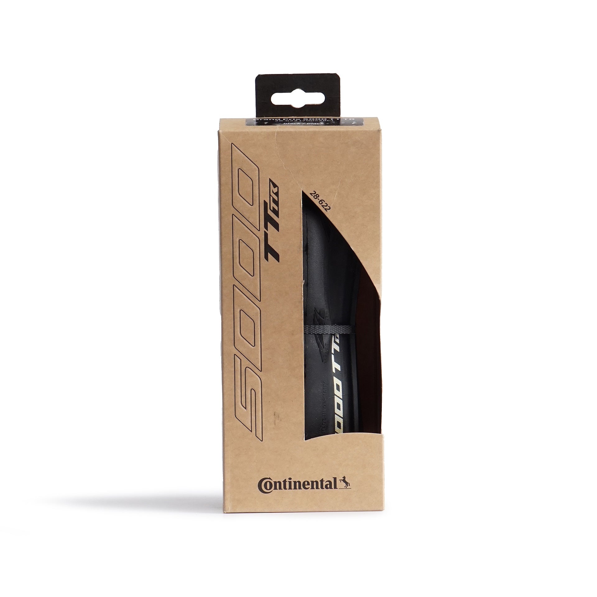 The front of a Continental GP5000 TT TR road time trial racing bicycle tire box