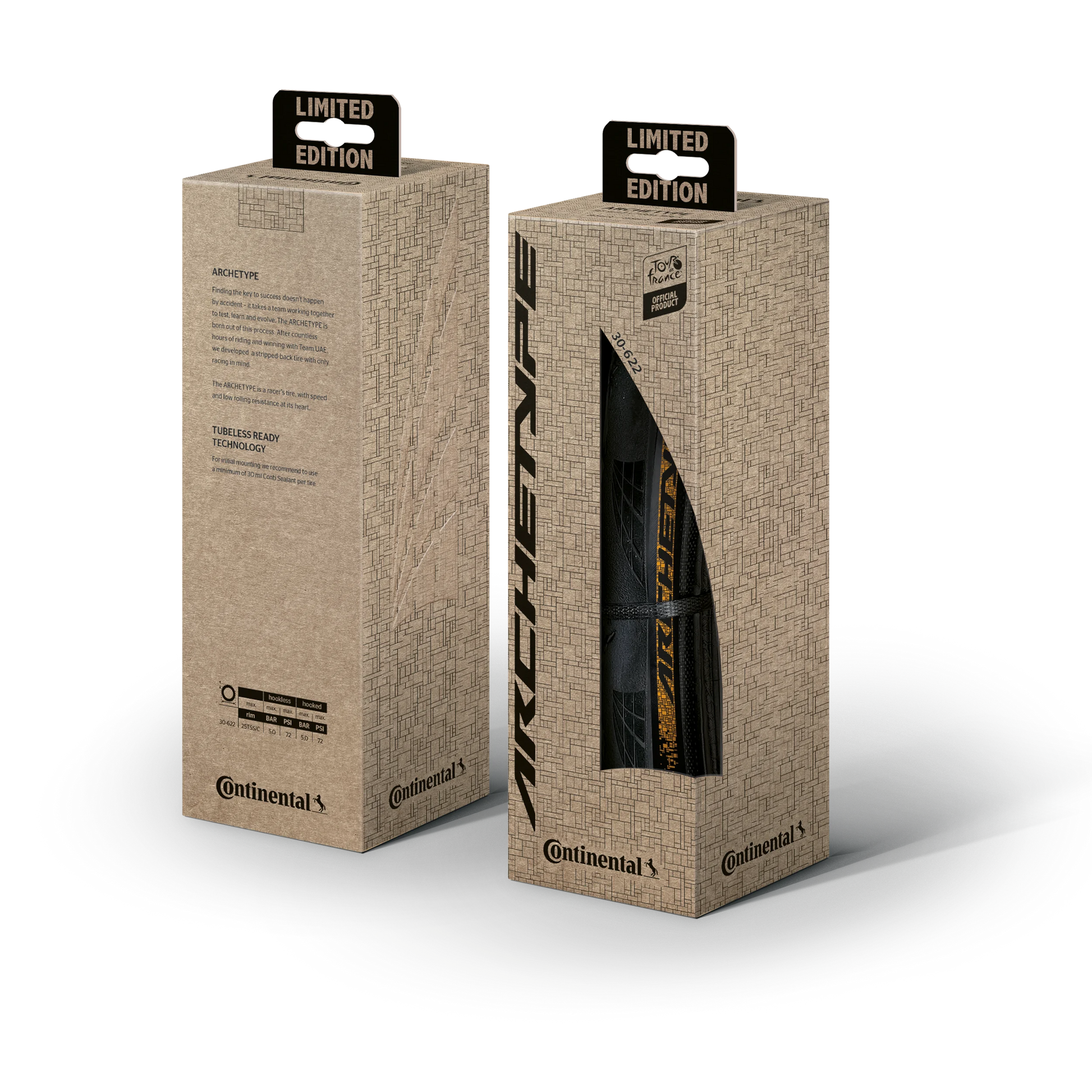 Two Continental Archetype tire boxes, one with a tire inside, on a white background