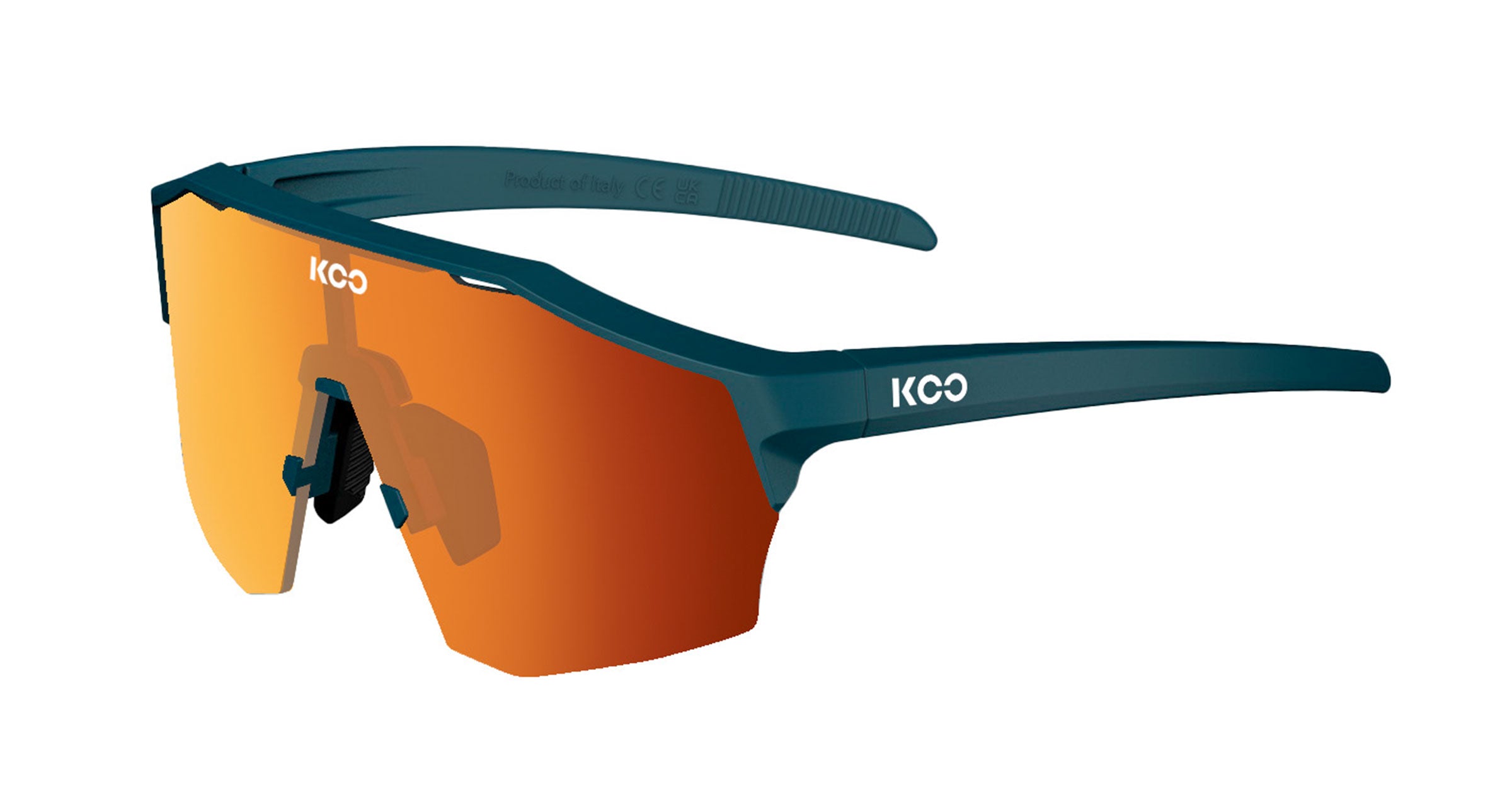 A pair of KOO Alibi sunglasses in dark blue matte with red photochromic mirror lens