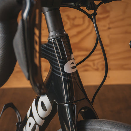 The Cervelo logo on a Cervelo Caledonia Rental Bike