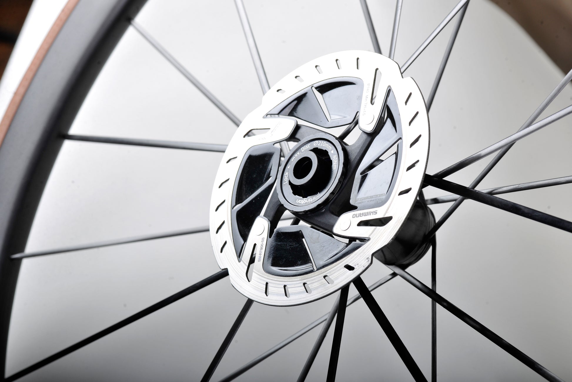 A close up of Shimano Dura Ace Disk Brake Rotors on an R-Series MKII Wheel