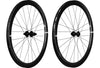 A pair of Enve Foundation 45 carbon fiber disc road racing rear wheel with black Enve logos