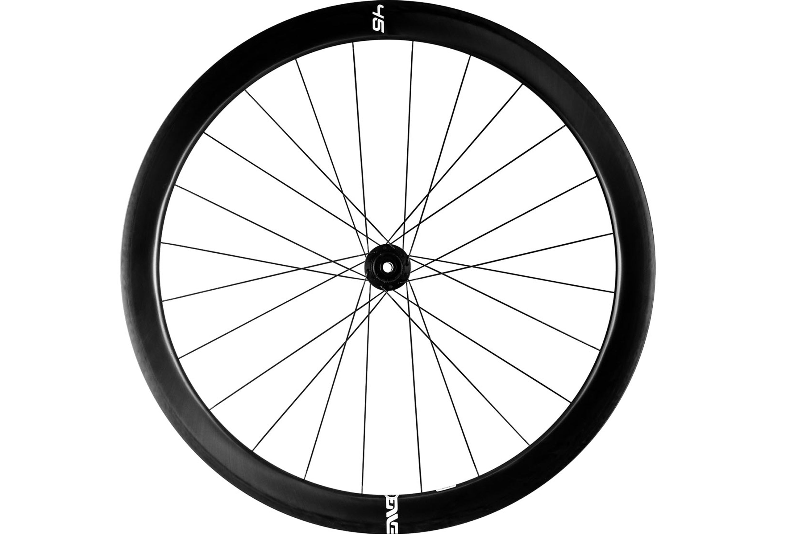 An Enve Foundation 45 carbon fiber disc road racing rear wheel with black Enve logos