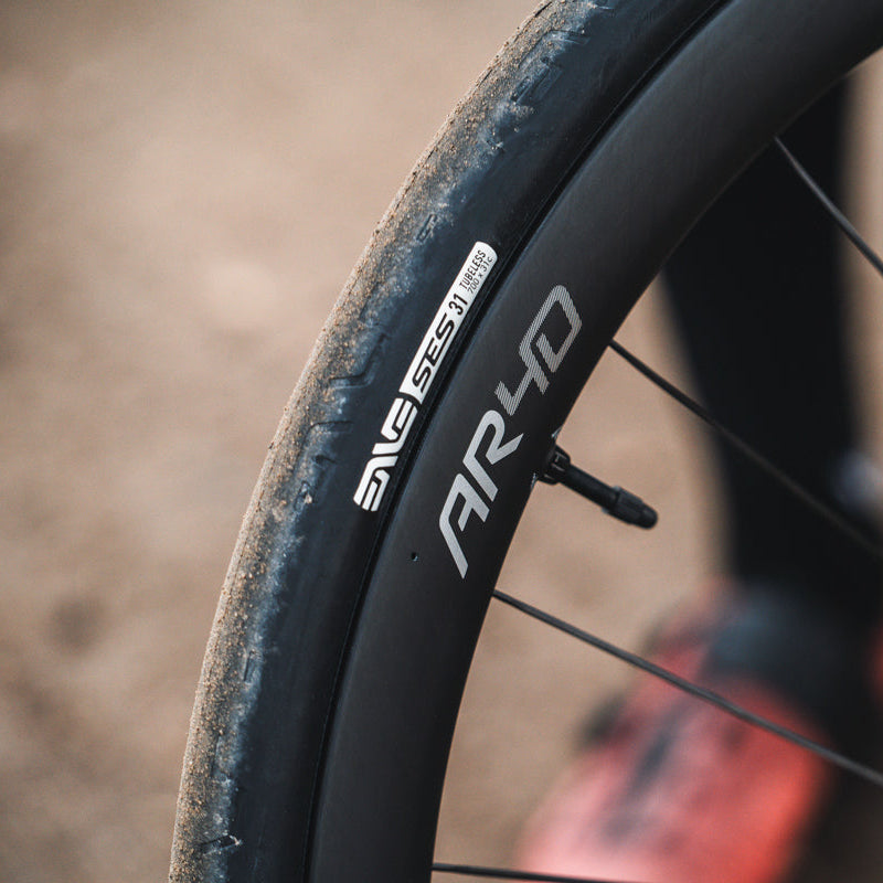 A close up of the Enve AR40 and Enve SES Road Tire with dirt on it