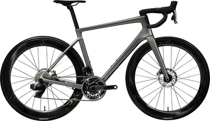 A Damascus Grey Enve Melee Carbon Fiber Disc Brake Road Racing Bicycle with Enve SES 4.5 AR Disc wheels and SRAM Red AXS electronic groupset