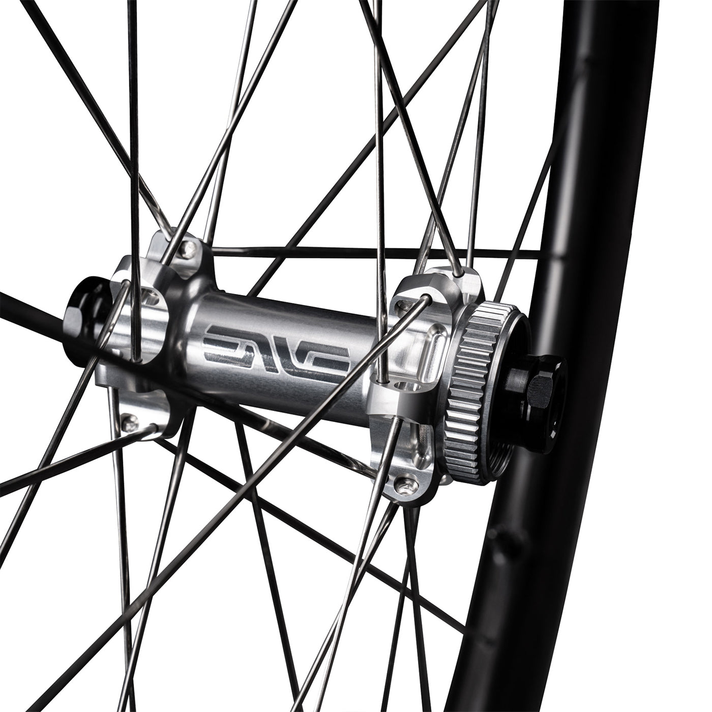The silver front hub on an Enve 4.5 Pro front wheel