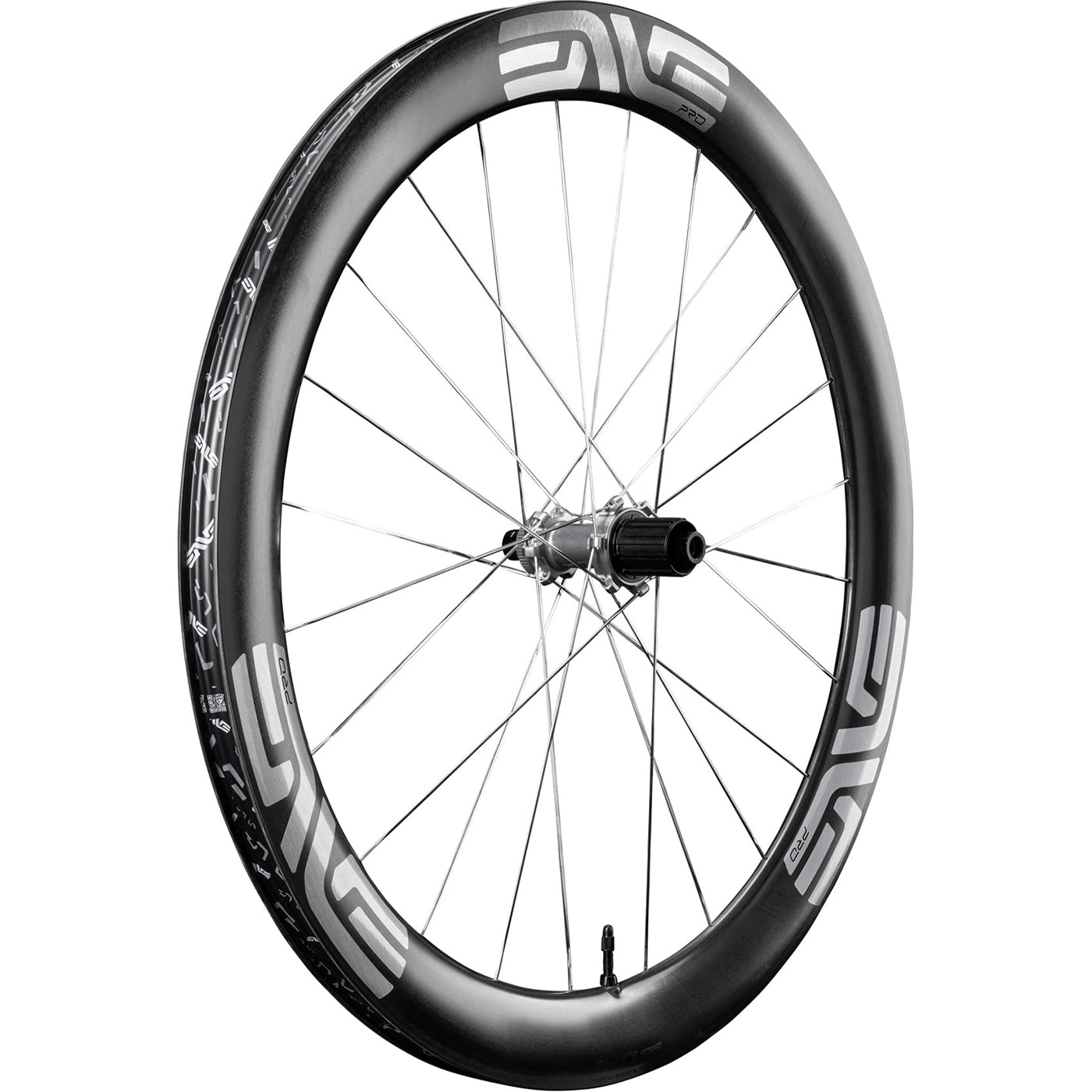 A perspective view of the Enve 4.5 Pro carbon bicycle rear wheel