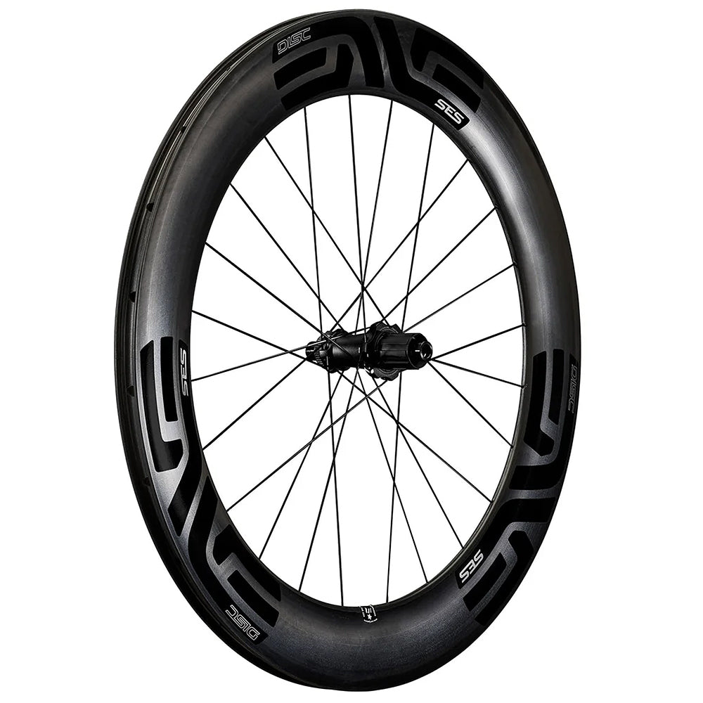 An angled view of an Enve SES 7.8 carbon disc rear wheel