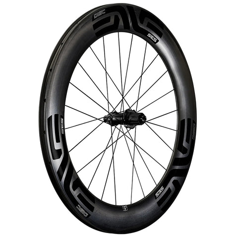 An angled view of an Enve SES 7.8 carbon disc rear wheel