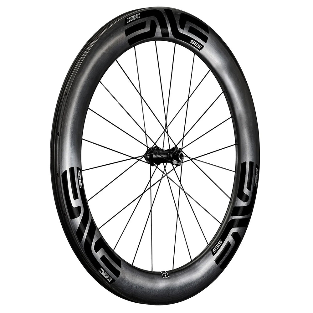 An angled view of an Enve SES 7.8 carbon disc front wheel