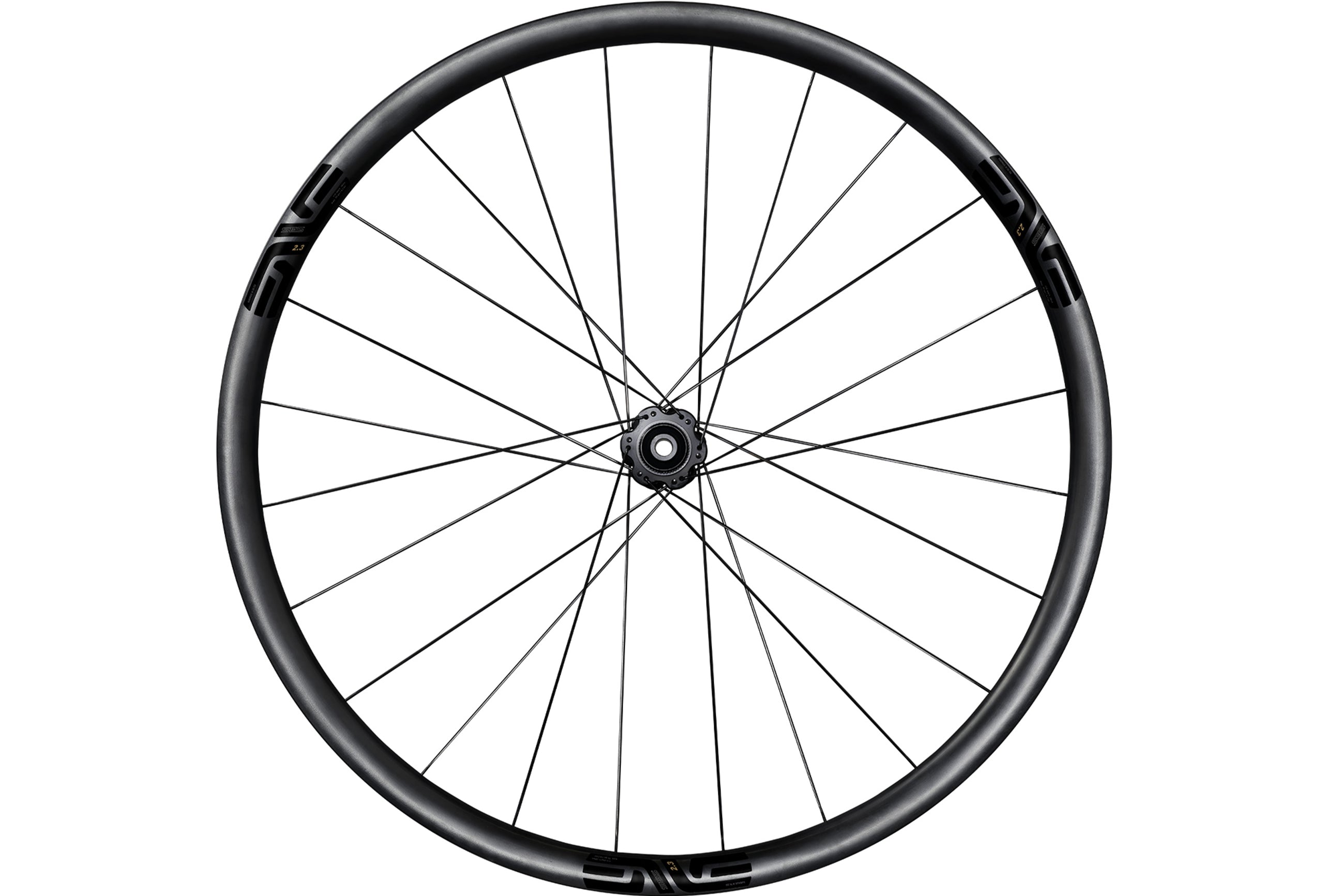 An Enve SES 2.3 carbon fiber disc road climbing rear wheel with black Enve logos