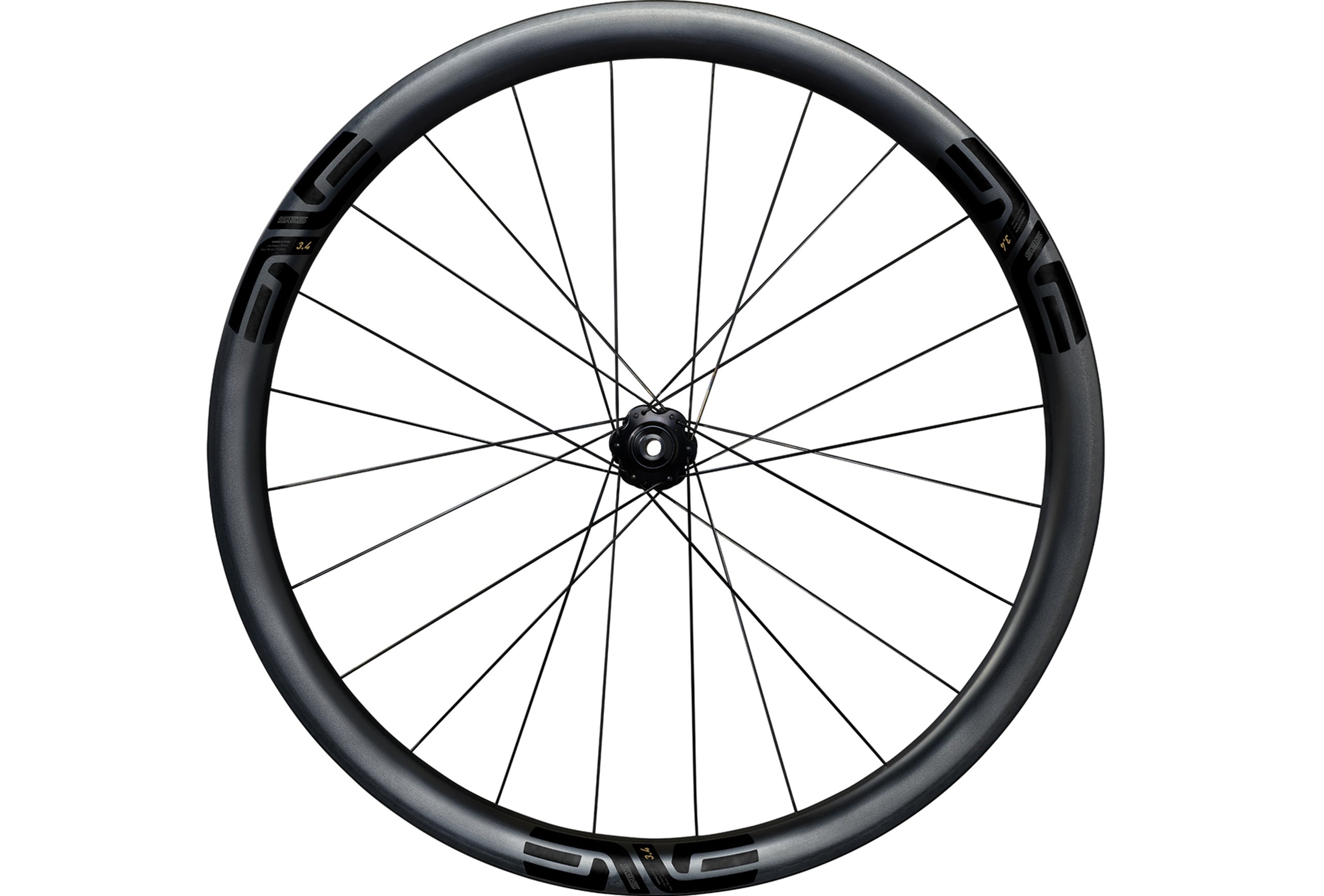 An Enve SES 3.4 AR Disc All-road Carbon disc brake front wheel with black Enve logos